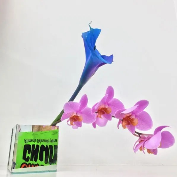 Flores La Fe Mexico City florist arrangement of pink and blue flowers in green glass vase against white wall