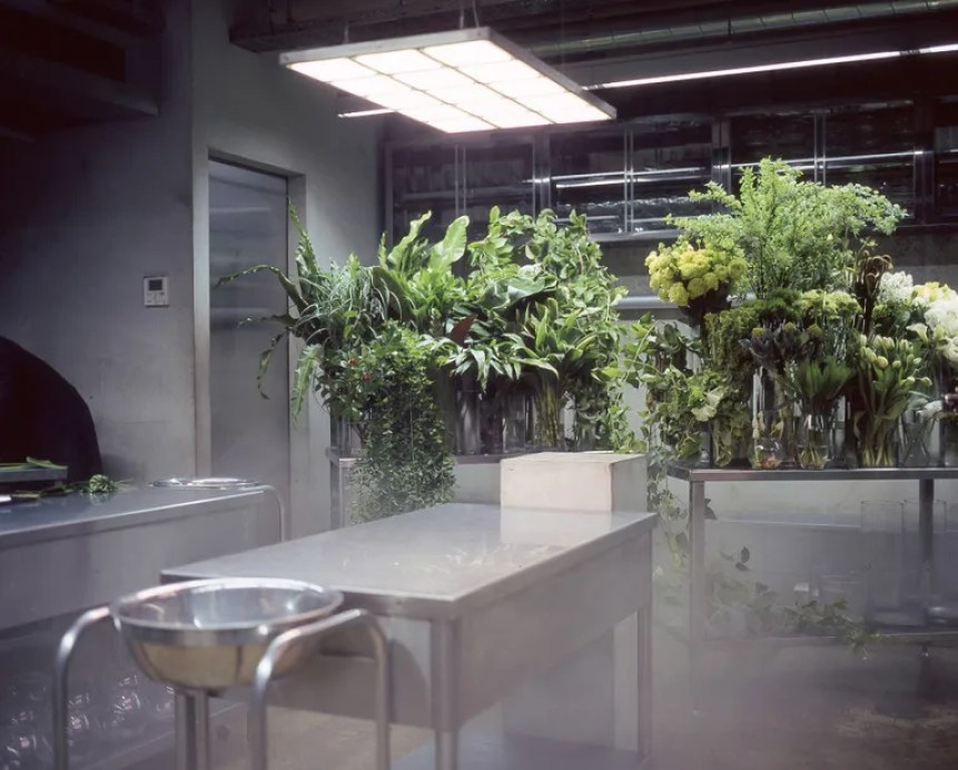 Jardines des Fluers Toyko store interior which is designed as flower ’butchery’ with steel tables and flower fridge